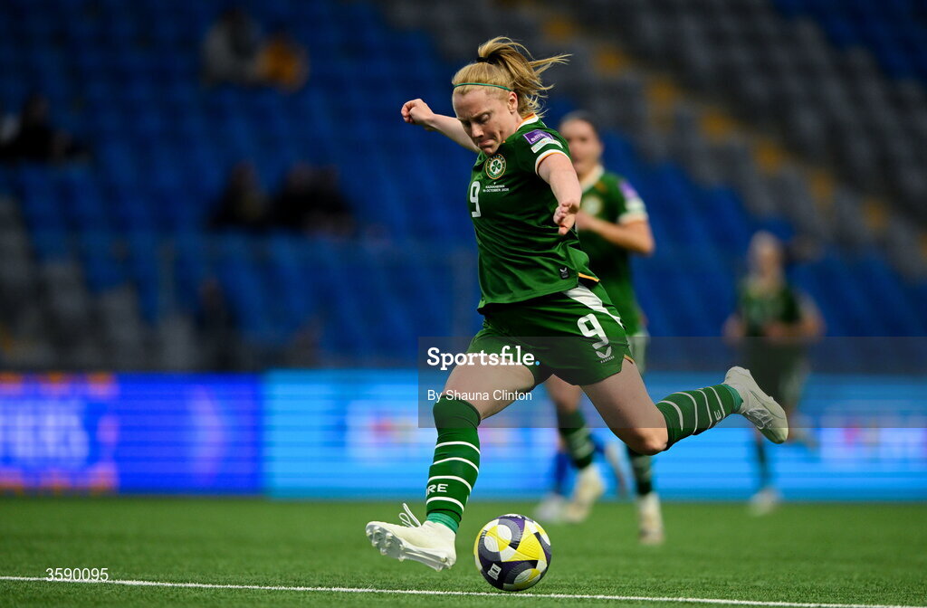 9 October 2026; Amber Barrett of Republic of Ireland during the 2027 FIFA Women’s World Cup qualifying round 1 play-off first leg match between Kazakhstan and the Republic of Ireland at Astana Arena in Kazakhstan. Photo by Shauna Clinton/Sportsfile
