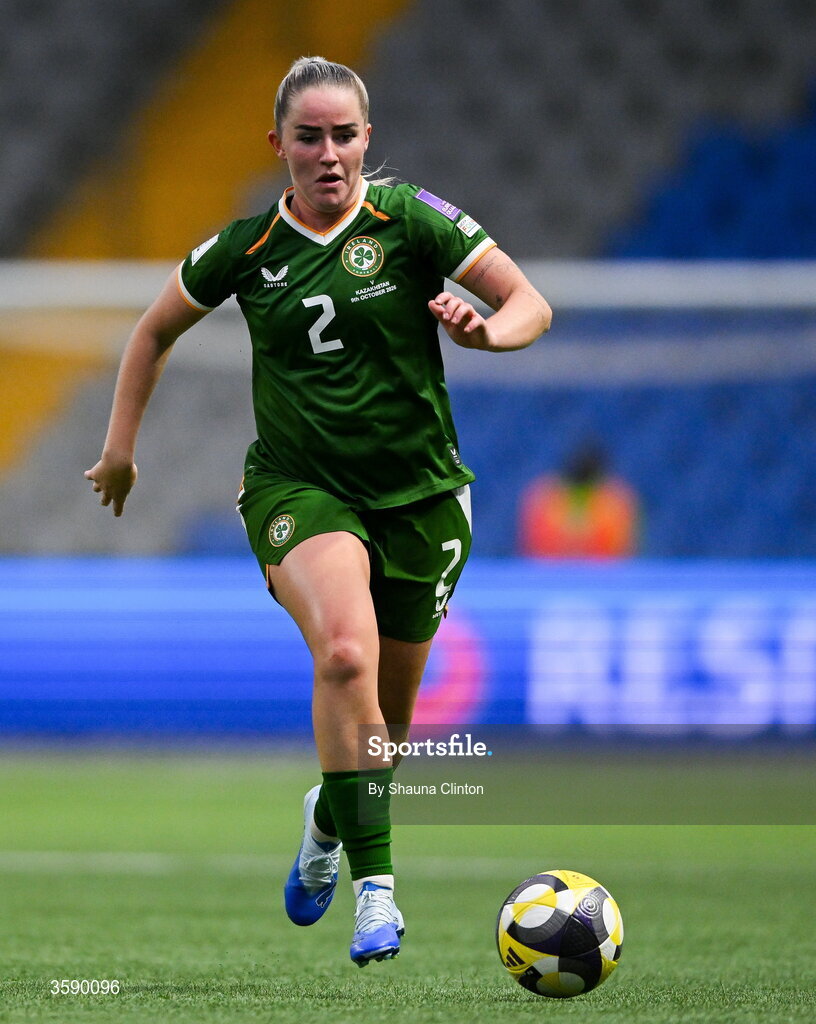 9 October 2026; Jessie Stapleton of Republic of Ireland during the 2027 FIFA Women’s World Cup qualifying round 1 play-off first leg match between Kazakhstan and the Republic of Ireland at Astana Arena in Kazakhstan. Photo by Shauna Clinton/Sportsfile