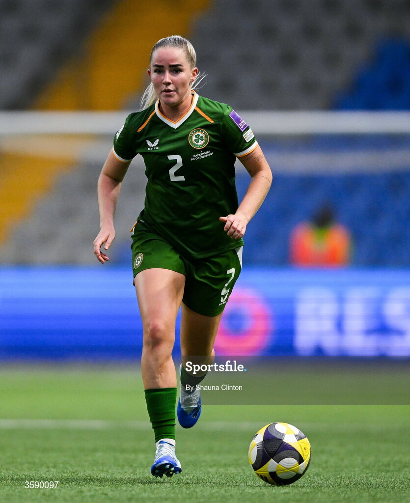 9 October 2026; Jessie Stapleton of Republic of Ireland during the 2027 FIFA Women’s World Cup qualifying round 1 play-off first leg match between Kazakhstan and the Republic of Ireland at Astana Arena in Kazakhstan. Photo by Shauna Clinton/Sportsfile