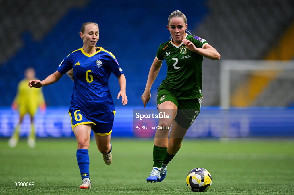 9 October 2026; Jessie Stapleton of Republic of Ireland in action against Anastassiya Nizamutdinova of Kazakhstan during the 2027 FIFA Women’s World Cup qualifying round 1 play-off first leg match between Kazakhstan and the Republic of Ireland at Astana Arena in Kazakhstan. Photo by Shauna Clinton/Sportsfile