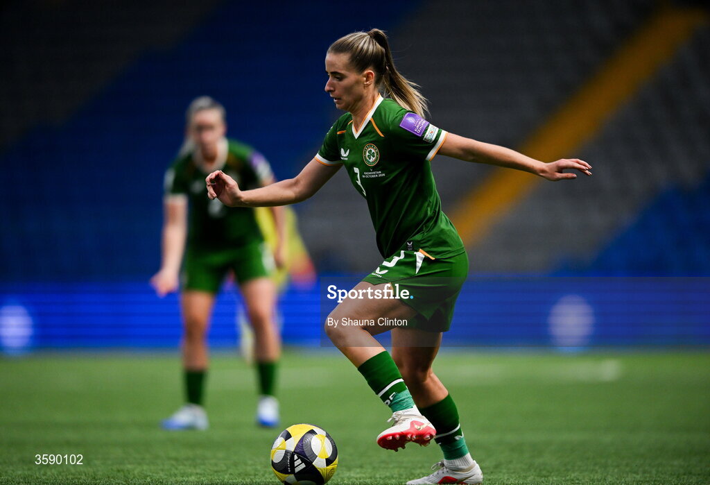 9 October 2026; Chloe Mustaki of Republic of Ireland during the 2027 FIFA Women’s World Cup qualifying round 1 play-off first leg match between Kazakhstan and the Republic of Ireland at Astana Arena in Kazakhstan. Photo by Shauna Clinton/Sportsfile