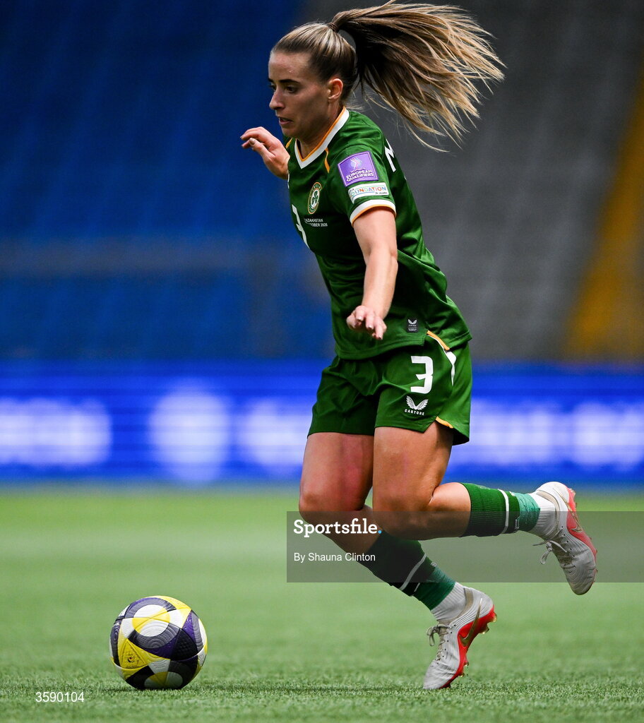 9 October 2026; Chloe Mustaki of Republic of Ireland during the 2027 FIFA Women’s World Cup qualifying round 1 play-off first leg match between Kazakhstan and the Republic of Ireland at Astana Arena in Kazakhstan. Photo by Shauna Clinton/Sportsfile