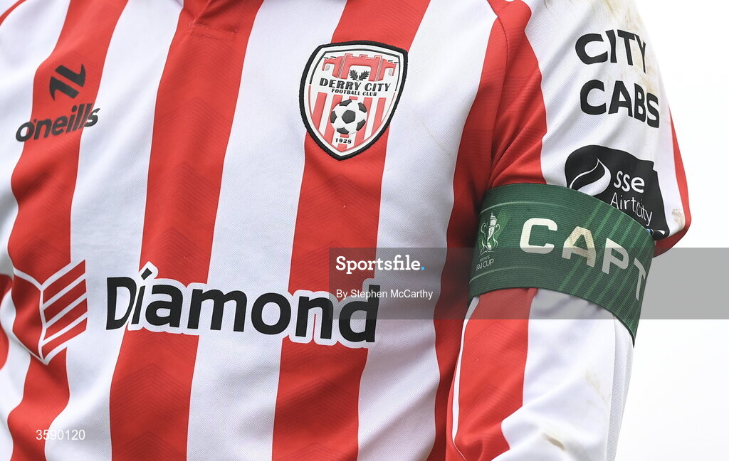 10 October 2026; A detailed view of the Derry City jersey and captains armband worn by Michael Duffy during the Club Orange Men's FAI Cup semi-final match between Galway and Derry City at Eamonn Deacy Park in Galway. Photo by Stephen McCarthy/Sportsfile