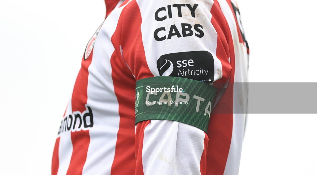10 October 2026; A detailed view of the Derry City jersey and captains armband worn by Michael Duffy during the Club Orange Men's FAI Cup semi-final match between Galway and Derry City at Eamonn Deacy Park in Galway. Photo by Stephen McCarthy/Sportsfile