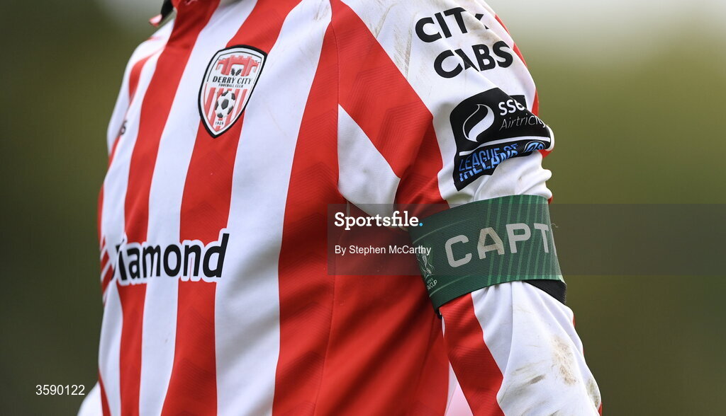 10 October 2026; A detailed view of the Derry City jersey and captains armband worn by Michael Duffy during the Club Orange Men's FAI Cup semi-final match between Galway and Derry City at Eamonn Deacy Park in Galway. Photo by Stephen McCarthy/Sportsfile