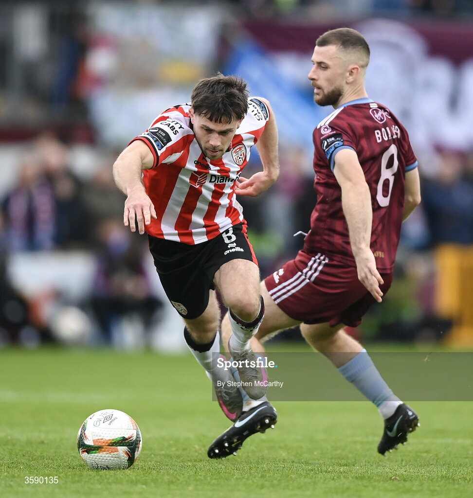10 October 2026; Adam O'Reilly of Derry City in action against Aaron Bolger of Galway United during the Club Orange Men's FAI Cup semi-final match between Galway and Derry City at Eamonn Deacy Park in Galway. Photo by Stephen McCarthy/Sportsfile