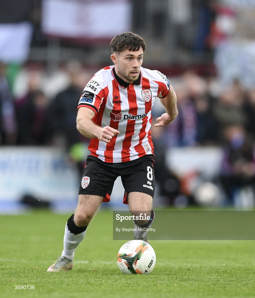 10 October 2026; Adam O'Reilly of Derry City during the Club Orange Men's FAI Cup semi-final match between Galway and Derry City at Eamonn Deacy Park in Galway. Photo by Stephen McCarthy/Sportsfile
