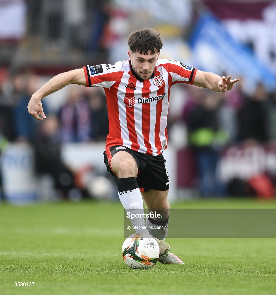 10 October 2026; Adam O'Reilly of Derry City during the Club Orange Men's FAI Cup semi-final match between Galway and Derry City at Eamonn Deacy Park in Galway. Photo by Stephen McCarthy/Sportsfile