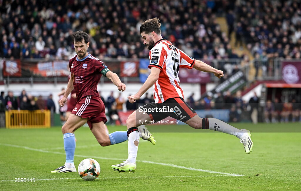 10 October 2026; Brandon Fleming of Derry City during the Club Orange Men's FAI Cup semi-final match between Galway and Derry City at Eamonn Deacy Park in Galway. Photo by Stephen McCarthy/Sportsfile