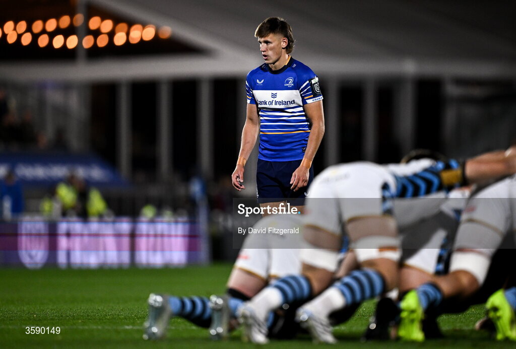 10 October 2026; Sam Prendergast of Leinster during the United Rugby Championship match between Leinster and Cardiff at the Laya Arena in Dublin. Photo by David Fitzgerald/Sportsfile