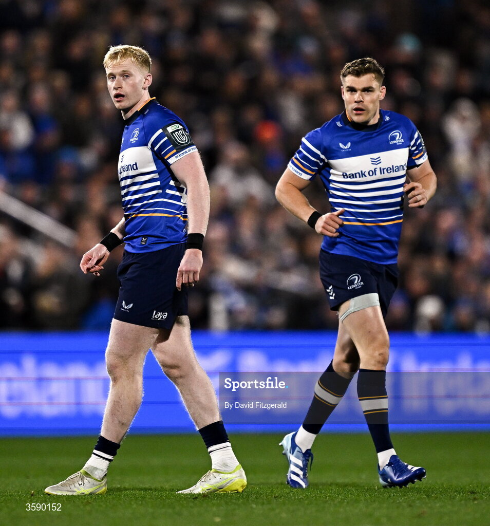 10 October 2026; Jamie Osborne, left, and Garry Ringrose of Leinster during the United Rugby Championship match between Leinster and Cardiff at the Laya Arena in Dublin. Photo by David Fitzgerald/Sportsfile