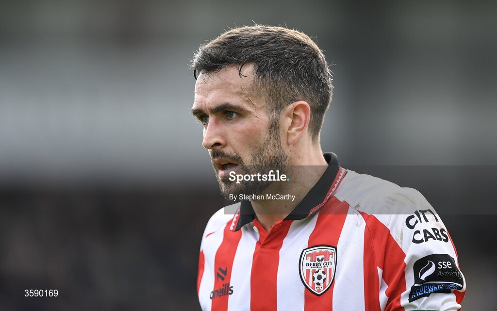 10 October 2026; Michael Duffy of Derry City during the Club Orange Men's FAI Cup semi-final match between Galway and Derry City at Eamonn Deacy Park in Galway. Photo by Stephen McCarthy/Sportsfile