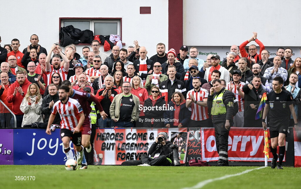 10 October 2026; Derry City supporters during the Club Orange Men's FAI Cup semi-final match between Galway and Derry City at Eamonn Deacy Park in Galway. Photo by Stephen McCarthy/Sportsfile
