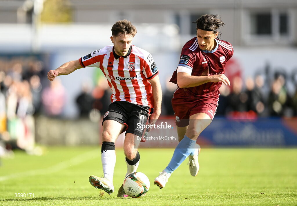 10 October 2026; Adam O'Reilly of Derry City in action against Gianfranco Facchineri of Galway United during the Club Orange Men's FAI Cup semi-final match between Galway and Derry City at Eamonn Deacy Park in Galway. Photo by Stephen McCarthy/Sportsfile