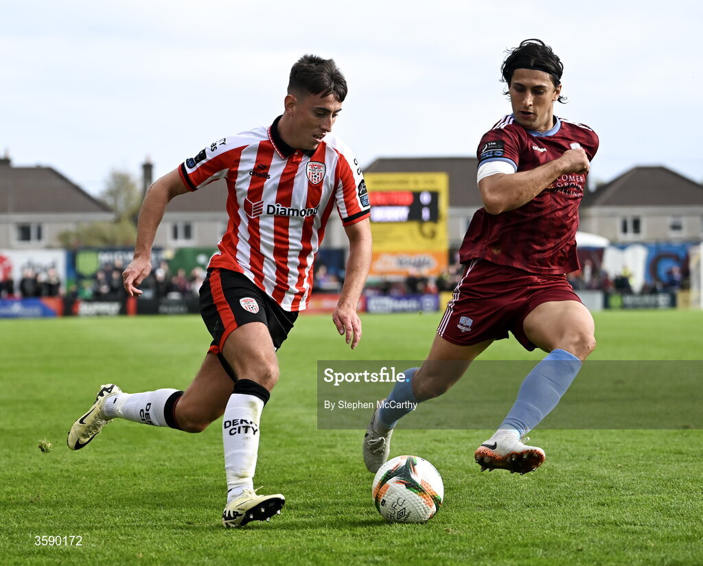 10 October 2026; Darragh Burns of Derry City in action against Gianfranco Facchineri of Galway United during the Club Orange Men's FAI Cup semi-final match between Galway and Derry City at Eamonn Deacy Park in Galway. Photo by Stephen McCarthy/Sportsfile