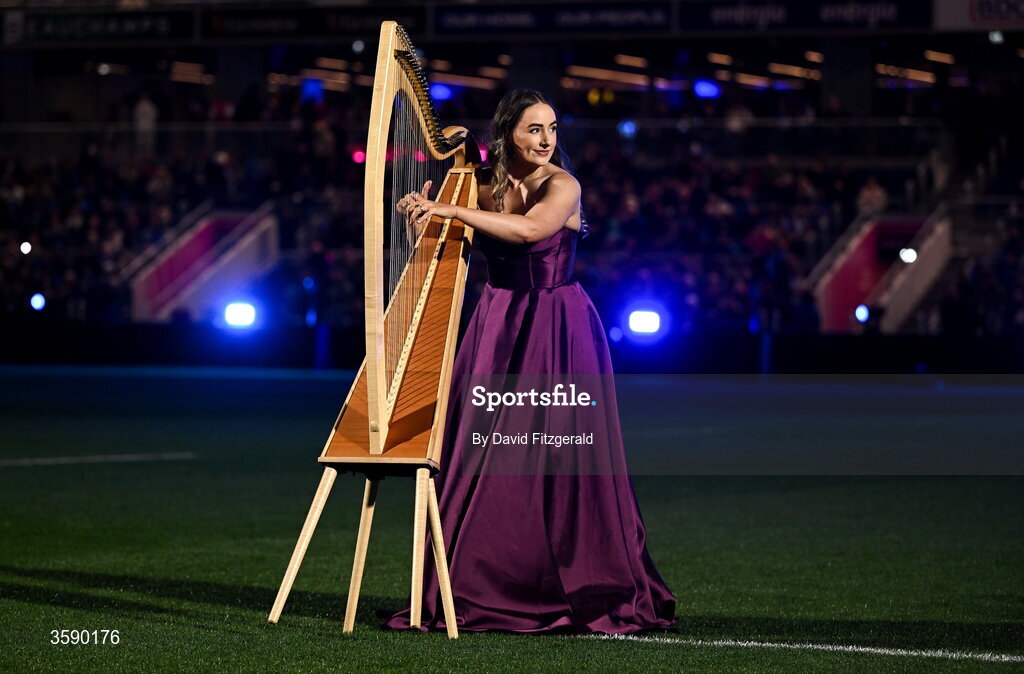 10 October 2026; Harpist Jennifer Leahy performs before the United Rugby Championship match between Leinster and Cardiff at the Laya Arena in Dublin. Photo by David Fitzgerald/Sportsfile