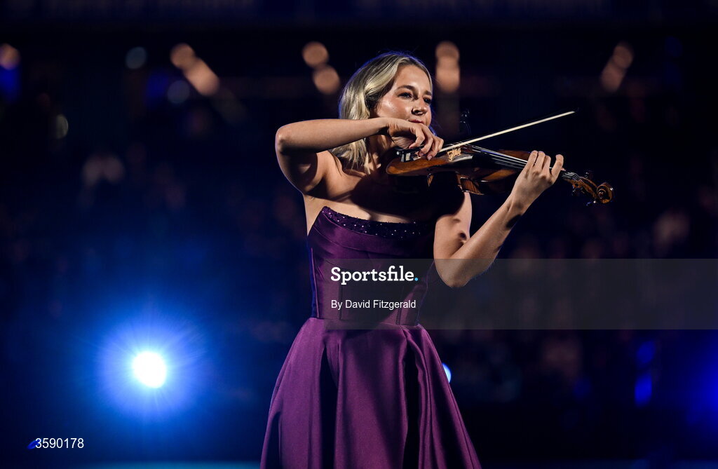 10 October 2026; Violinist Nicole Lonergan performs before the United Rugby Championship match between Leinster and Cardiff at the Laya Arena in Dublin. Photo by David Fitzgerald/Sportsfile