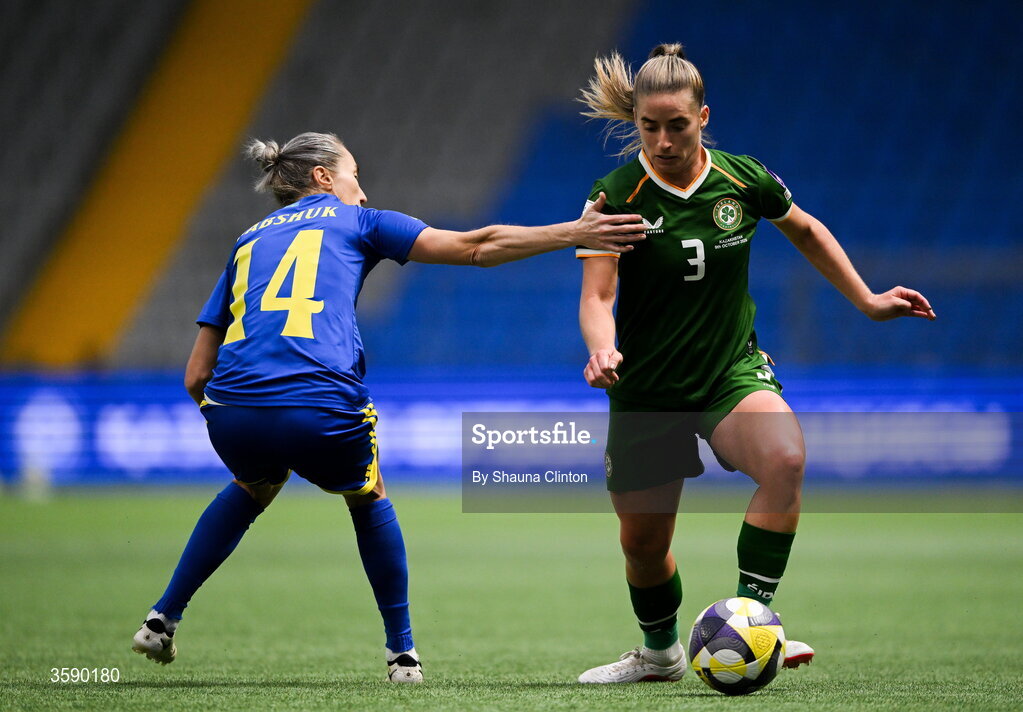 9 October 2026; Chloe Mustaki of Republic of Ireland in action against Yekaterina Babshuk of Kazakhstan during the 2027 FIFA Women’s World Cup qualifying round 1 play-off first leg match between Kazakhstan and the Republic of Ireland at Astana Arena in Kazakhstan. Photo by Shauna Clinton/Sportsfile