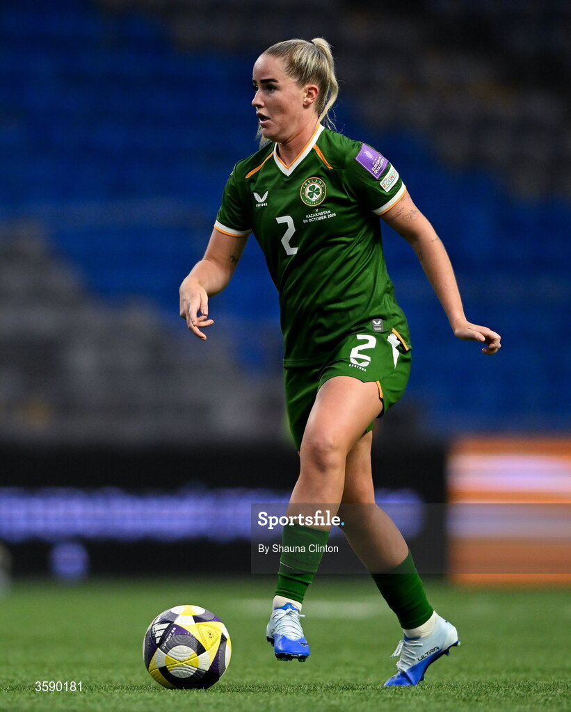 9 October 2026; Jessie Stapleton of Republic of Ireland during the 2027 FIFA Women’s World Cup qualifying round 1 play-off first leg match between Kazakhstan and the Republic of Ireland at Astana Arena in Kazakhstan. Photo by Shauna Clinton/Sportsfile