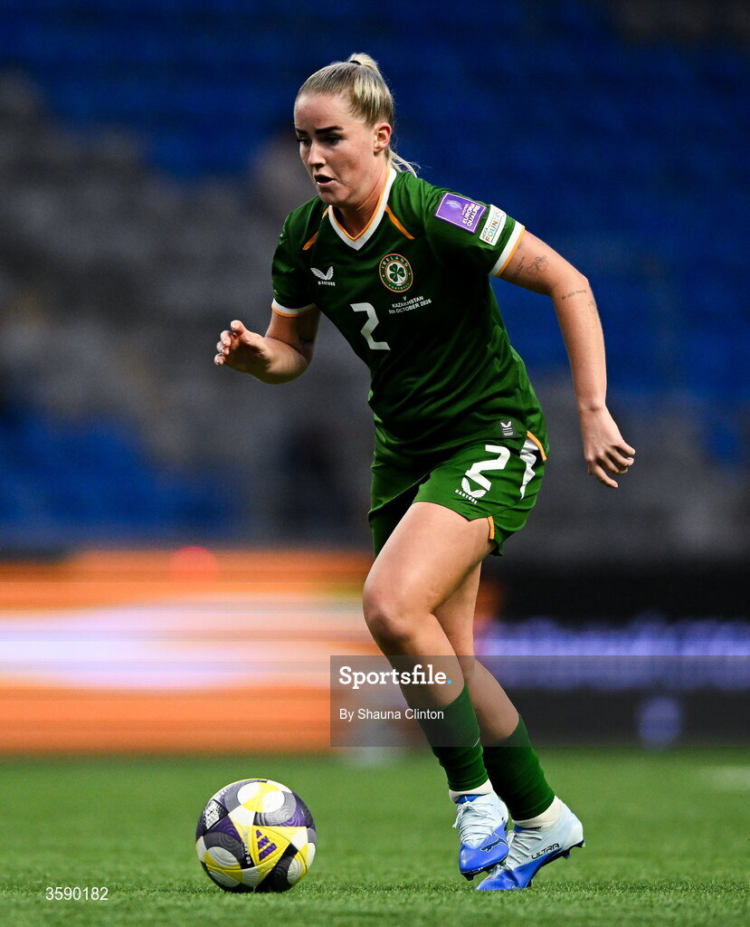 9 October 2026; Jessie Stapleton of Republic of Ireland during the 2027 FIFA Women’s World Cup qualifying round 1 play-off first leg match between Kazakhstan and the Republic of Ireland at Astana Arena in Kazakhstan. Photo by Shauna Clinton/Sportsfile