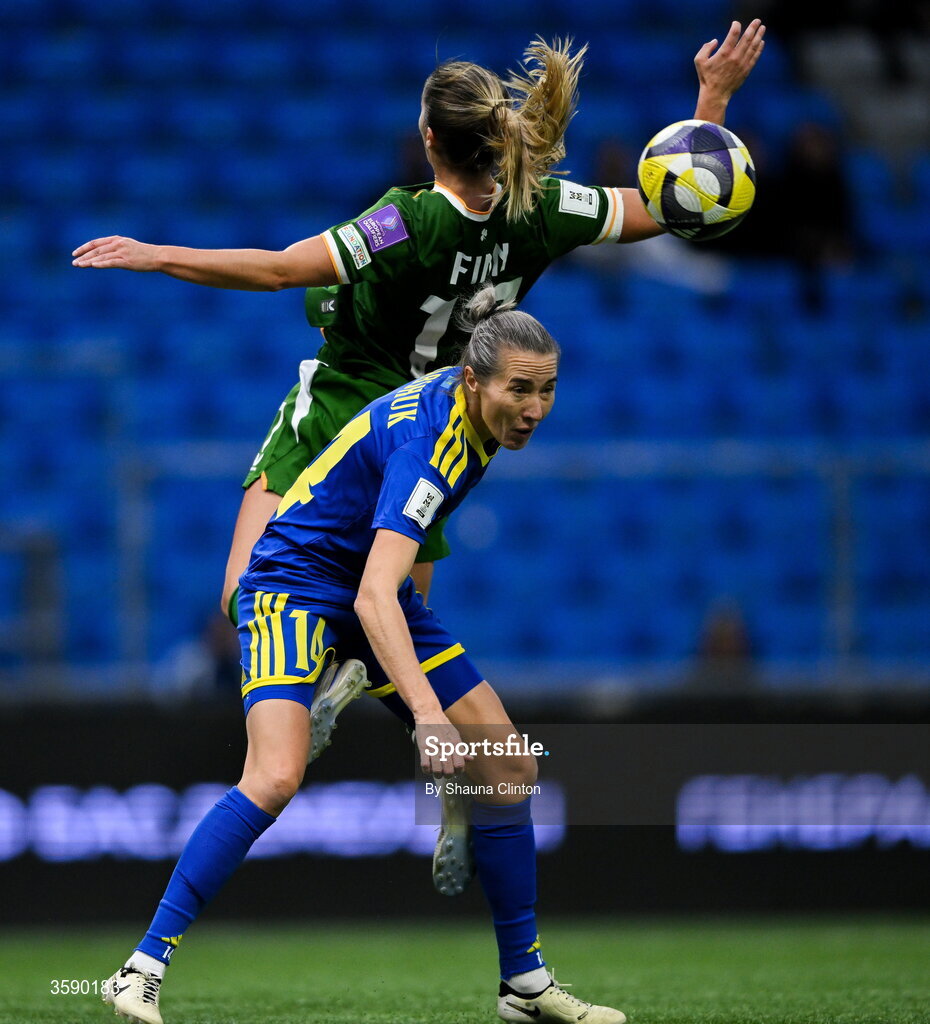 9 October 2026; Jamie Finn of Republic of Ireland in action against Yekaterina Babshuk of Kazakhstan during the 2027 FIFA Women’s World Cup qualifying round 1 play-off first leg match between Kazakhstan and the Republic of Ireland at Astana Arena in Kazakhstan. Photo by Shauna Clinton/Sportsfile