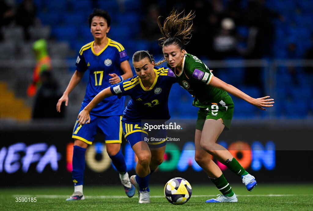 9 October 2026; Abbie Larkin of Republic of Ireland during the 2027 FIFA Women’s World Cup qualifying round 1 play-off first leg match between Kazakhstan and the Republic of Ireland at Astana Arena in Kazakhstan. Photo by Shauna Clinton/Sportsfile