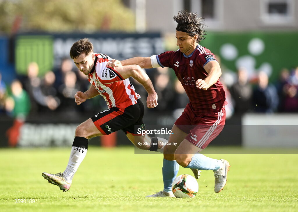10 October 2026; Adam O'Reilly of Derry City in action against Gianfranco Facchineri of Galway United during the Club Orange Men's FAI Cup semi-final match between Galway and Derry City at Eamonn Deacy Park in Galway. Photo by Stephen McCarthy/Sportsfile
