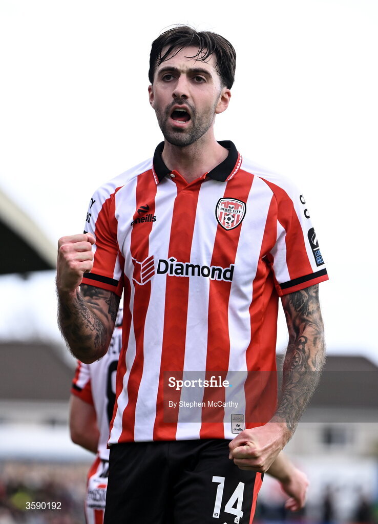10 October 2026; Ellis Chapman of Derry City celebrates his side's second goal during the Club Orange Men's FAI Cup semi-final match between Galway and Derry City at Eamonn Deacy Park in Galway. Photo by Stephen McCarthy/Sportsfile