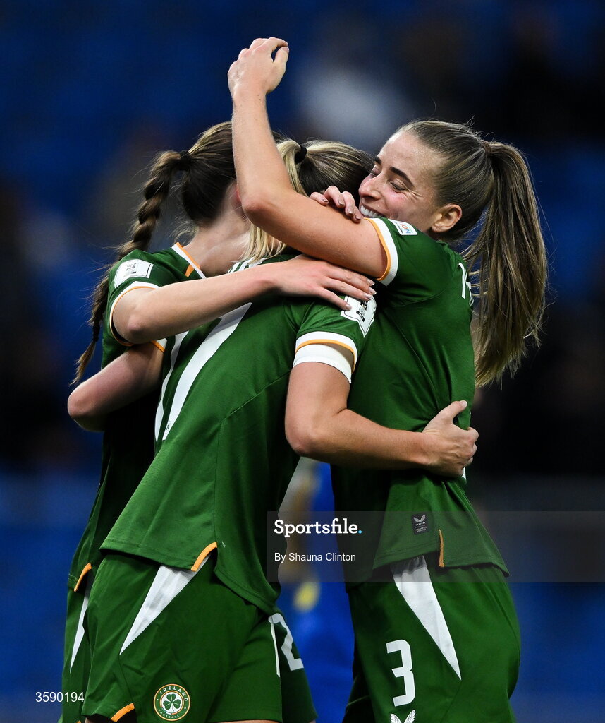 9 October 2026; Jamie Finn of Republic of Ireland, centre, celebrates with team-mates, including Chloe Mustaki, right, after scoring during the 2027 FIFA Women’s World Cup qualifying round 1 play-off first leg match between Kazakhstan and the Republic of Ireland at Astana Arena in Kazakhstan. Photo by Shauna Clinton/Sportsfile