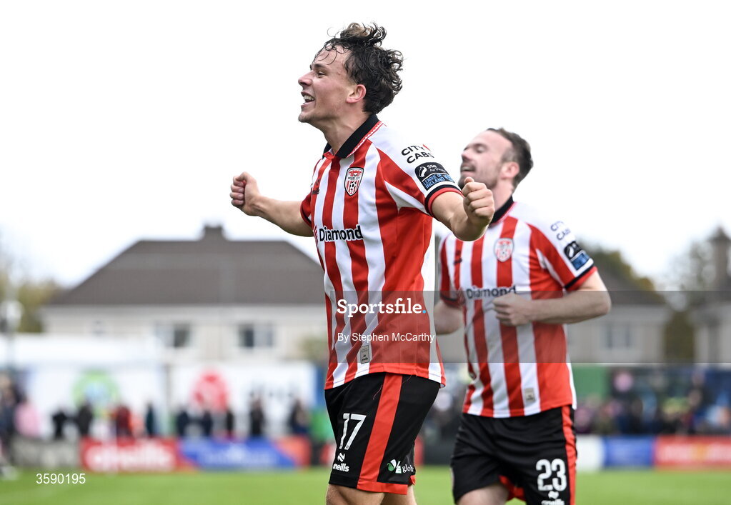 10 October 2026; Nick Twisk of Derry City celebrates his side's second goal during the Club Orange Men's FAI Cup semi-final match between Galway and Derry City at Eamonn Deacy Park in Galway. Photo by Stephen McCarthy/Sportsfile