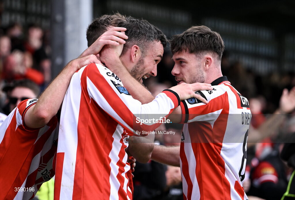 10 October 2026; Michael Duffy of Derry City celebrates with team-mate Adam O'Reilly after scoring their side's second goal during the Club Orange Men's FAI Cup semi-final match between Galway and Derry City at Eamonn Deacy Park in Galway. Photo by Stephen McCarthy/Sportsfile