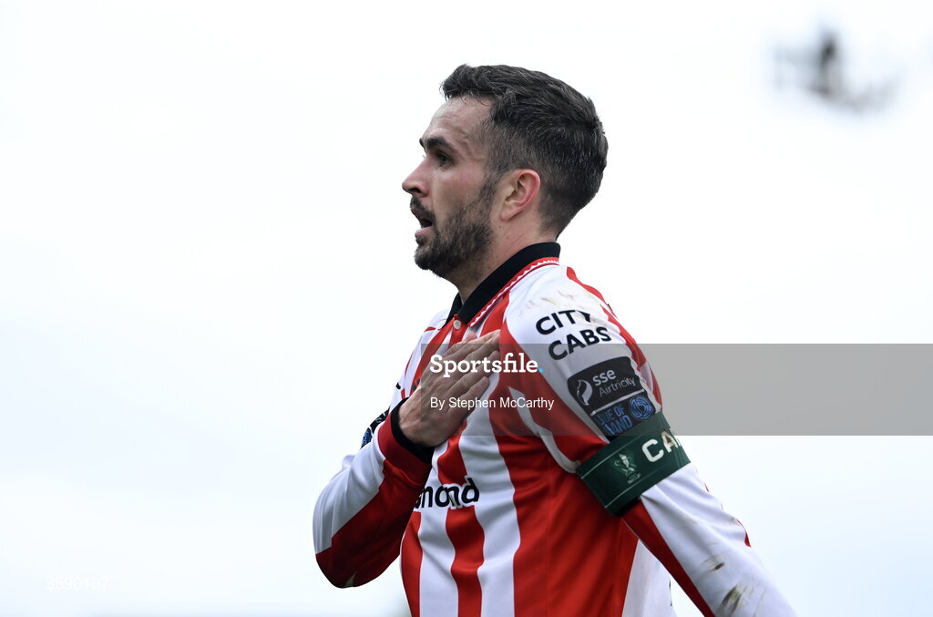 10 October 2026; Michael Duffy of Derry City celebrates after scoring his side's second goal during the Club Orange Men's FAI Cup semi-final match between Galway and Derry City at Eamonn Deacy Park in Galway. Photo by Stephen McCarthy/Sportsfile