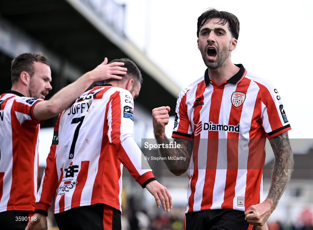 10 October 2026; Ellis Chapman of Derry City celebrates his side's second goal during the Club Orange Men's FAI Cup semi-final match between Galway and Derry City at Eamonn Deacy Park in Galway. Photo by Stephen McCarthy/Sportsfile