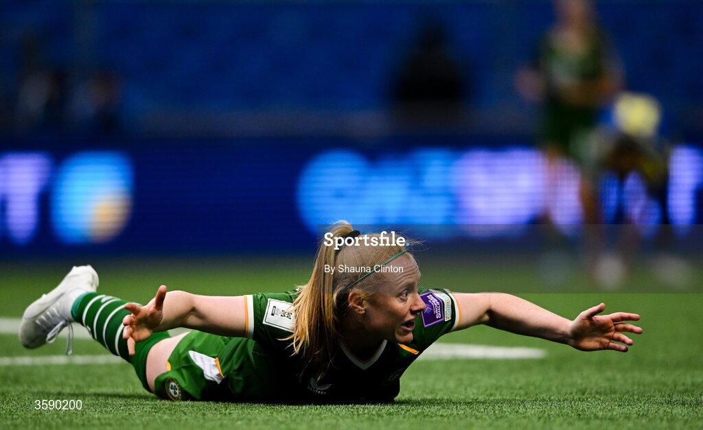 9 October 2026; Amber Barrett of Republic of Ireland during the 2027 FIFA Women’s World Cup qualifying round 1 play-off first leg match between Kazakhstan and the Republic of Ireland at Astana Arena in Kazakhstan. Photo by Shauna Clinton/Sportsfile