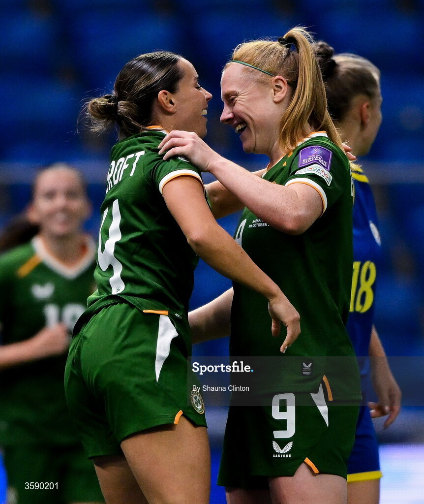 9 October 2026; Shanade Hopcroft, left, and Amber Barrett of Republic of Ireland during the 2027 FIFA Women’s World Cup qualifying round 1 play-off first leg match between Kazakhstan and the Republic of Ireland at Astana Arena in Kazakhstan. Photo by Shauna Clinton/Sportsfile