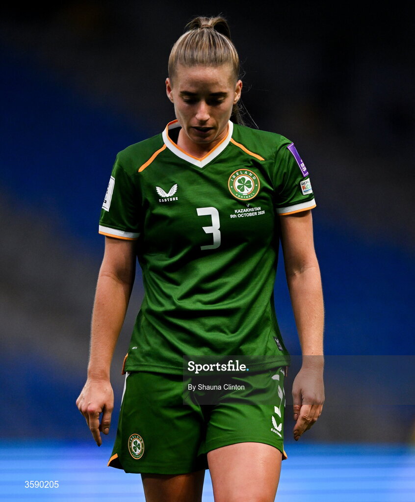 9 October 2026; Chloe Mustaki of Republic of Ireland during the 2027 FIFA Women’s World Cup qualifying round 1 play-off first leg match between Kazakhstan and the Republic of Ireland at Astana Arena in Kazakhstan. Photo by Shauna Clinton/Sportsfile