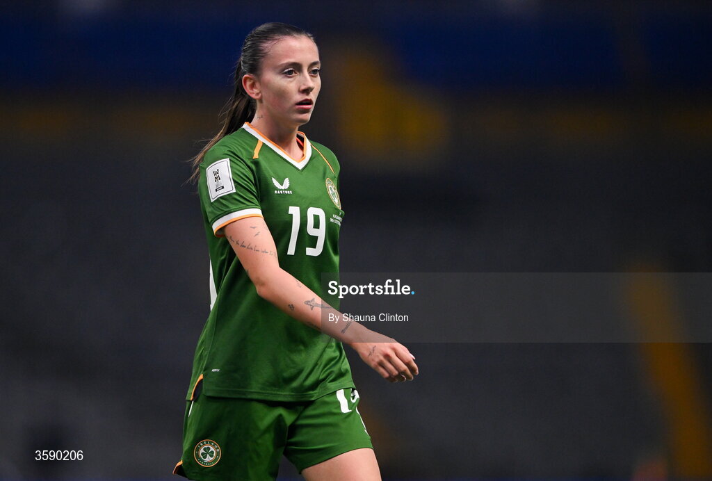 9 October 2026; Abbie Larkin of Republic of Ireland during the 2027 FIFA Women’s World Cup qualifying round 1 play-off first leg match between Kazakhstan and the Republic of Ireland at Astana Arena in Kazakhstan. Photo by Shauna Clinton/Sportsfile