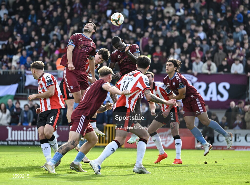 10 October 2026; Anthony O'Connor and Wasiri Williams, right, of Galway United in action against James Clarke of Derry City during the Club Orange Men's FAI Cup semi-final match between Galway and Derry City at Eamonn Deacy Park in Galway. Photo by Stephen McCarthy/Sportsfile