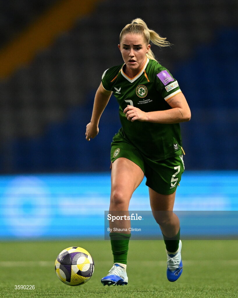 9 October 2026; Jessie Stapleton of Republic of Ireland during the 2027 FIFA Women’s World Cup qualifying round 1 play-off first leg match between Kazakhstan and the Republic of Ireland at Astana Arena in Kazakhstan. Photo by Shauna Clinton/Sportsfile