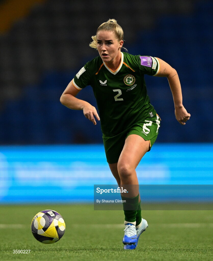 9 October 2026; Jessie Stapleton of Republic of Ireland during the 2027 FIFA Women’s World Cup qualifying round 1 play-off first leg match between Kazakhstan and the Republic of Ireland at Astana Arena in Kazakhstan. Photo by Shauna Clinton/Sportsfile