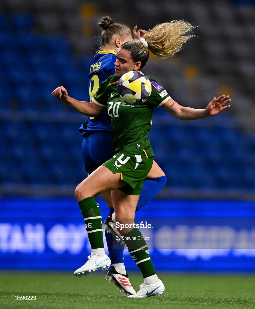 9 October 2026; Leanne Kiernan of Republic of Ireland in action against Aida Gaistenova of Kazakhstan during the 2027 FIFA Women’s World Cup qualifying round 1 play-off first leg match between Kazakhstan and the Republic of Ireland at Astana Arena in Kazakhstan. Photo by Shauna Clinton/Sportsfile