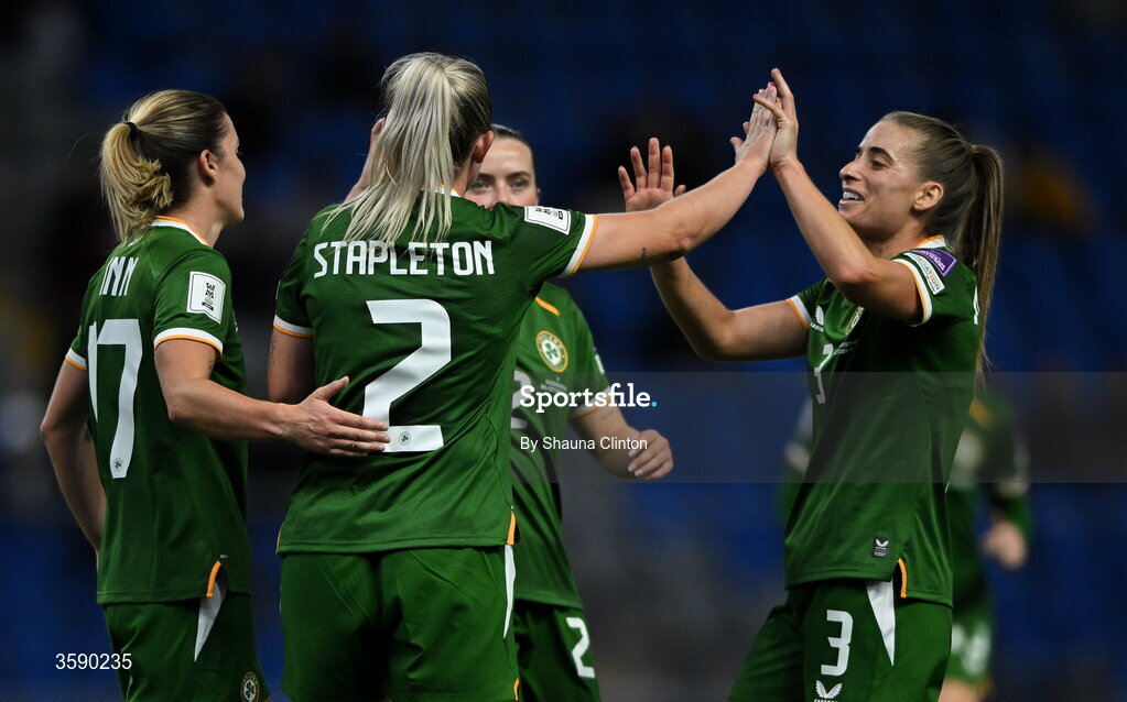 9 October 2026; Jessie Stapleton of Republic of Ireland, centre, celebrates with team-mates during the 2027 FIFA Women’s World Cup qualifying round 1 play-off first leg match between Kazakhstan and the Republic of Ireland at Astana Arena in Kazakhstan. Photo by Shauna Clinton/Sportsfile