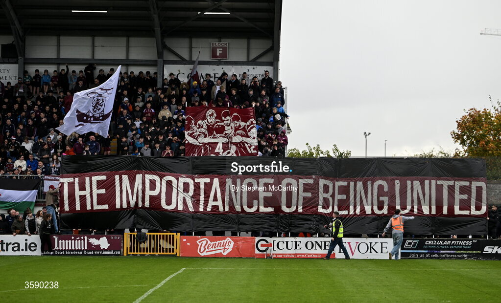 10 October 2026; Galway United supporters before the Club Orange Men's FAI Cup semi-final match between Galway and Derry City at Eamonn Deacy Park in Galway. Photo by Stephen McCarthy/Sportsfile