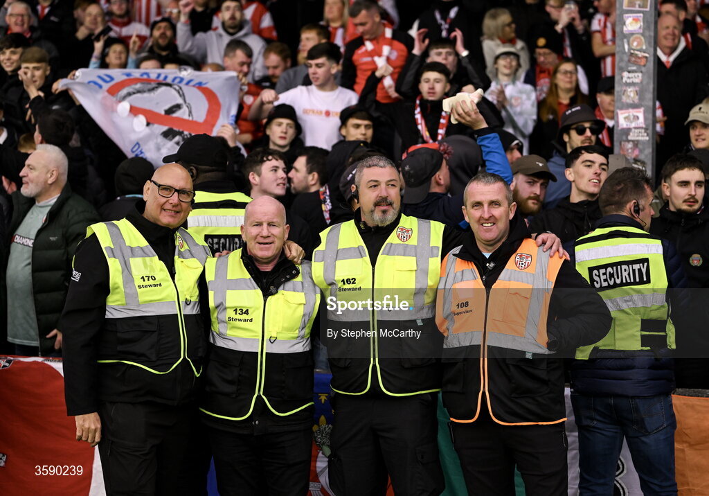 10 October 2026; Derry City stewards after the Club Orange Men's FAI Cup semi-final match between Galway and Derry City at Eamonn Deacy Park in Galway. Photo by Stephen McCarthy/Sportsfile