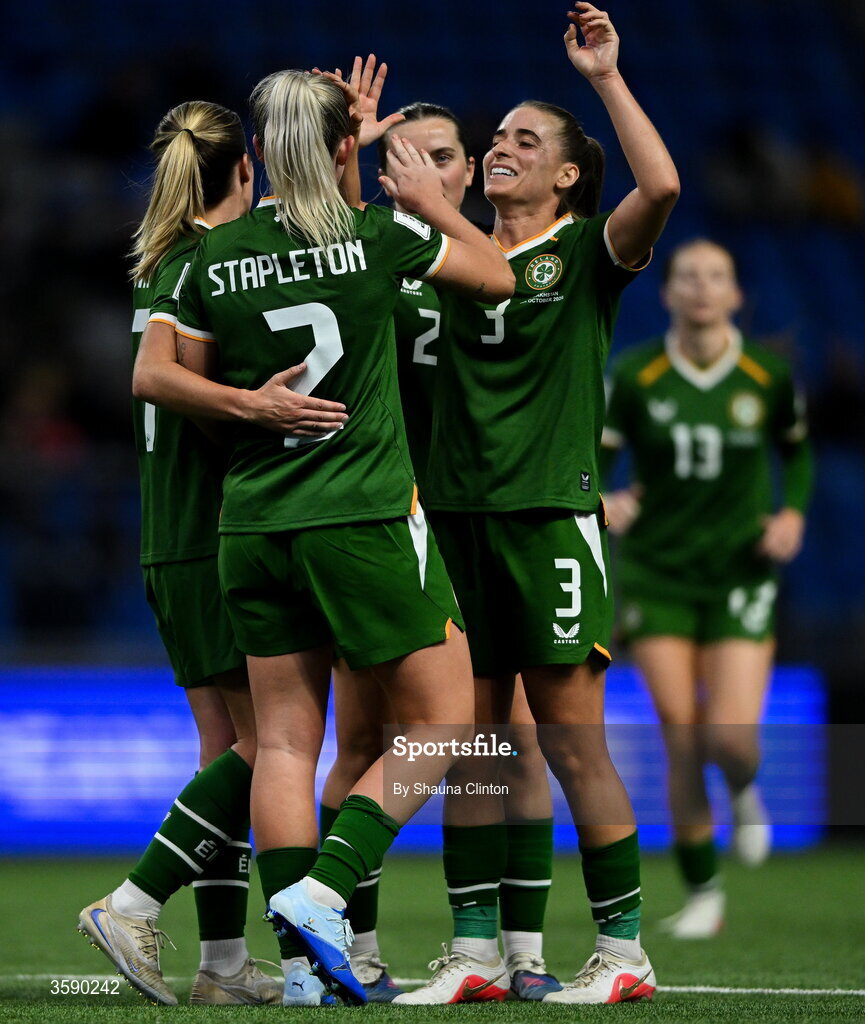 9 October 2026; Jessie Stapleton of Republic of Ireland, centre, celebrates with team-mates during the 2027 FIFA Women’s World Cup qualifying round 1 play-off first leg match between Kazakhstan and the Republic of Ireland at Astana Arena in Kazakhstan. Photo by Shauna Clinton/Sportsfile