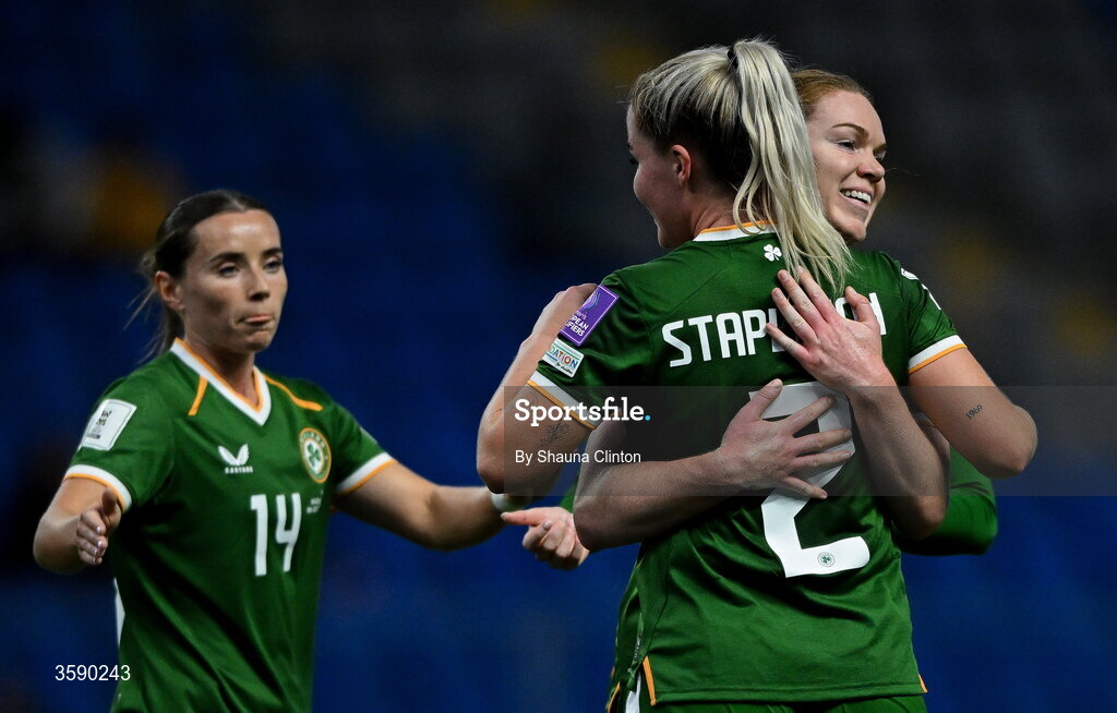 9 October 2026; Jessie Stapleton of Republic of Ireland, centre, celebrates with team-mates during the 2027 FIFA Women’s World Cup qualifying round 1 play-off first leg match between Kazakhstan and the Republic of Ireland at Astana Arena in Kazakhstan. Photo by Shauna Clinton/Sportsfile