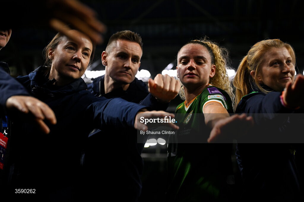 9 October 2026; Leanne Kiernan of Republic of Ireland, centre, and Republic of Ireland backroom staff, from left, Angela Kenneally, Ronan Molloy and Holly Pickett after the 2027 FIFA Women’s World Cup qualifying round 1 play-off first leg match between Kazakhstan and the Republic of Ireland at Astana Arena in Kazakhstan. Photo by Shauna Clinton/Sportsfile