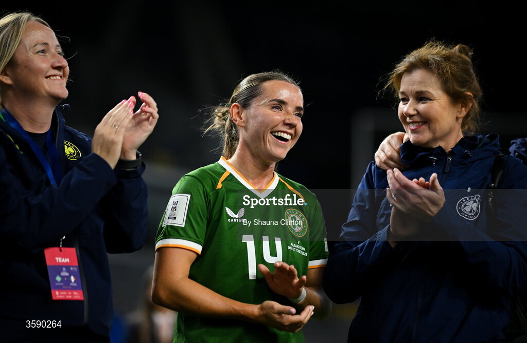 9 October 2026; Republic of Ireland debutant Shanade Hopcroft, centre, is congratulated by Republic of Ireland equipment officer Ciara Ennis, left, and team doctor Siobhán Forman after the 2027 FIFA Women’s World Cup qualifying round 1 play-off first leg match between Kazakhstan and the Republic of Ireland at Astana Arena in Kazakhstan. Photo by Shauna Clinton/Sportsfile