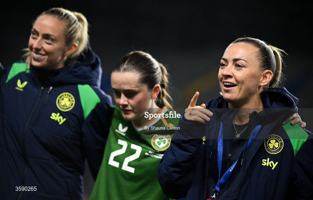 9 October 2026; Republic of Ireland players, from left, Megan Connolly, Tyler Toland and Katie McCabe after the 2027 FIFA Women’s World Cup qualifying round 1 play-off first leg match between Kazakhstan and the Republic of Ireland at Astana Arena in Kazakhstan. Photo by Shauna Clinton/Sportsfile