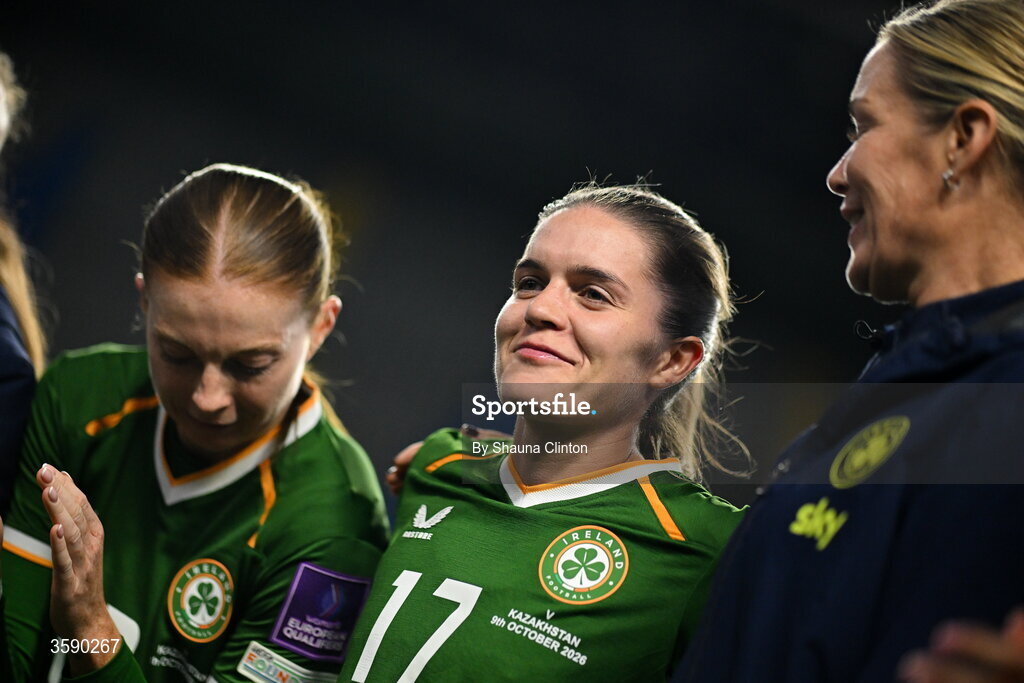 9 October 2026; Jamie Finn of Republic of Ireland, centre, is congratulated by team-mates after scoring her first international goal for the Republic of Ireland after the 2027 FIFA Women’s World Cup qualifying round 1 play-off first leg match between Kazakhstan and the Republic of Ireland at Astana Arena in Kazakhstan. Photo by Shauna Clinton/Sportsfile